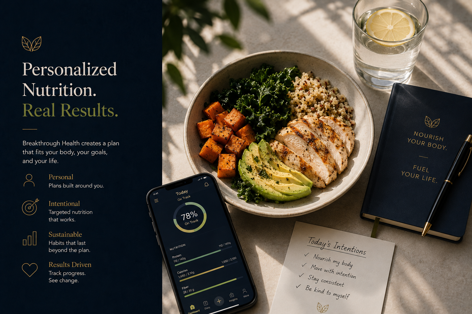 Breakthrough Health visual showing personalized nutrition, a balanced meal, progress tracking, and daily intentions.